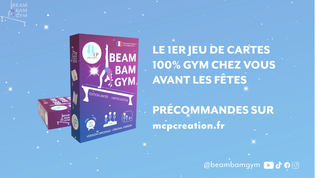 Beam Bam Gym, c’est le “gym cadeau” parfait ! 🎁 Le premier jeu de cartes 100 % gymnastique artistique, fabriqué en France, écoresponsable et fun. À offrir à toutes les gymnastes dès 8 ans !